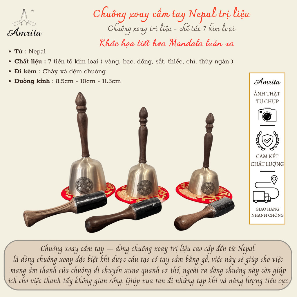 [Chính hãng] Chuông Xoay Neapal có tay cầm cao cấp Nepal - Chuông cầm tay - Handle bolws - Amrita