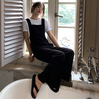 2022 Đen Thường Ngày Quần Áo Nữ Rời Ôm Hơn Nhìn Thẳng Lau Quần Chia Tay Rộng Jumpsuit 5.24