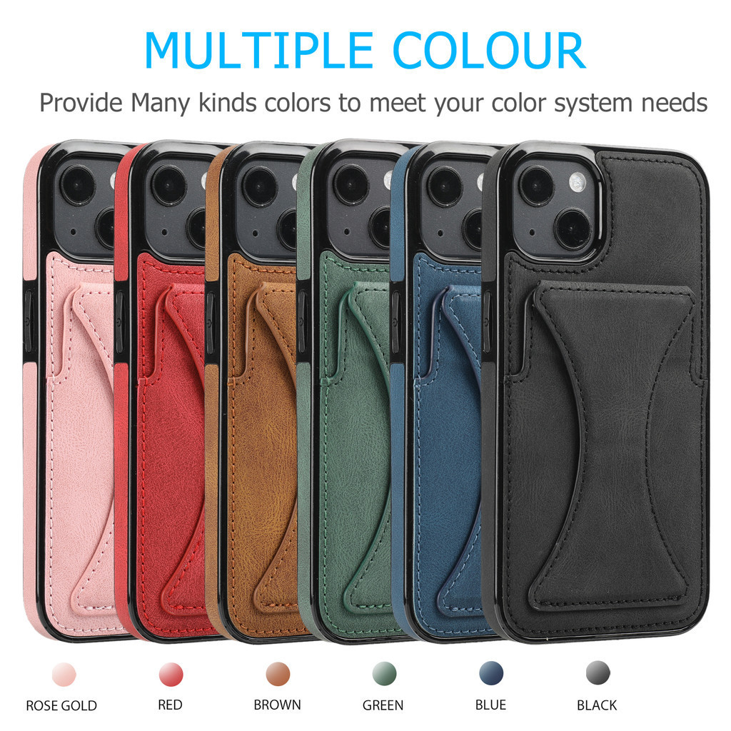 Da Có Đựng Thẻ Ốp Điện Thoại Cho IPhone 13 12 Mini 15 14 11 XS XR X Pro Max 8 7 Plus Có Chân Đế Chống Sốc