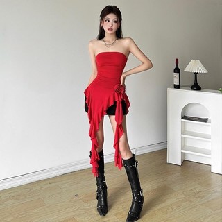 Ba chiều Hoa Hồng Không Đều Slim-Fit Tube Top Vest Thiết Kế Mùa Hè Xù Đẹp Top