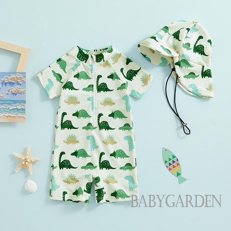 Baga-3 tuổi Đồ bơi bé trai có mũ / chống nắng tay ngắn cổ tròn in hình động vật Đồ bơi có dây kéo
