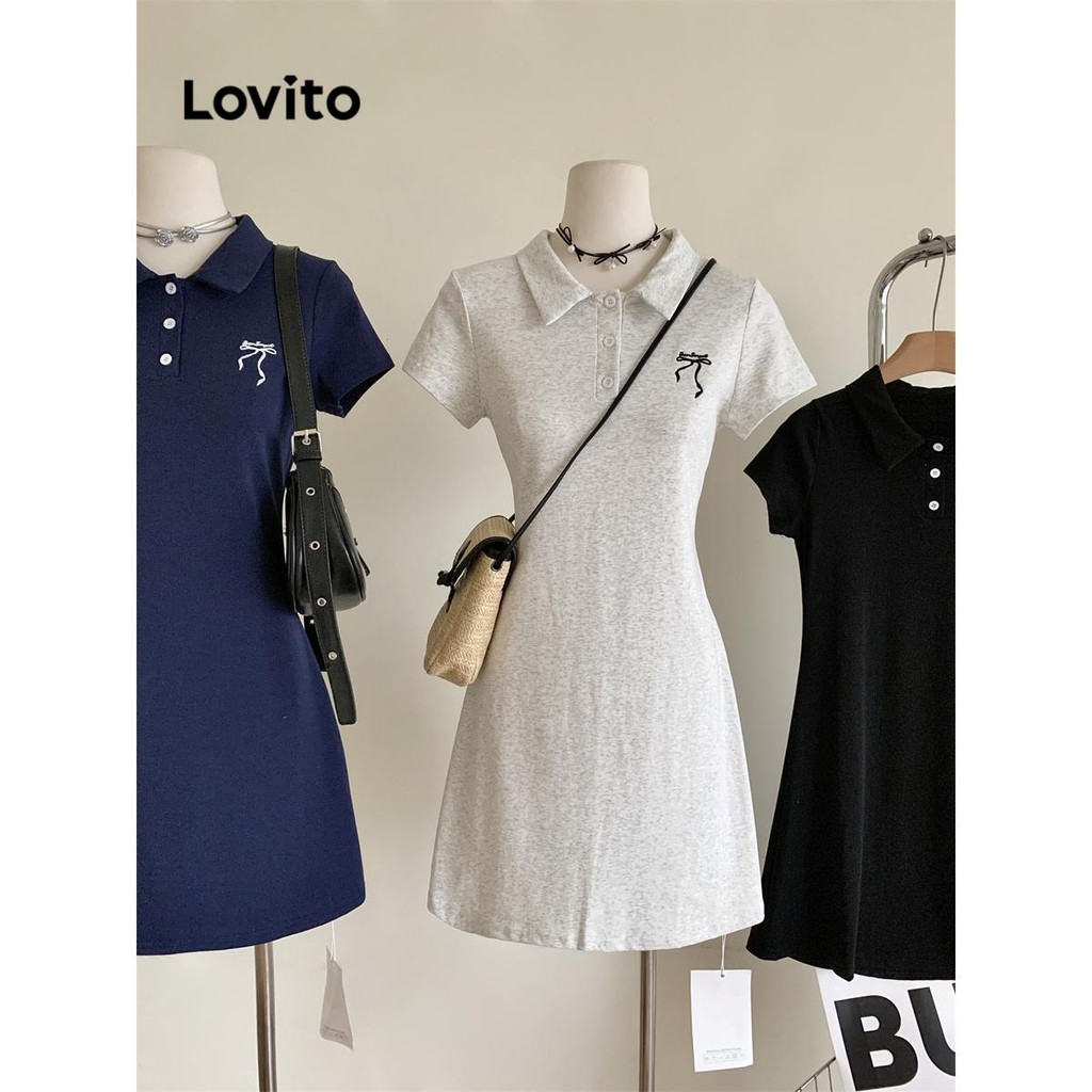 Ảnh Đầm Lovito phối nơ màu trơn phong cách thường ngày cho nữ LNM68129 3