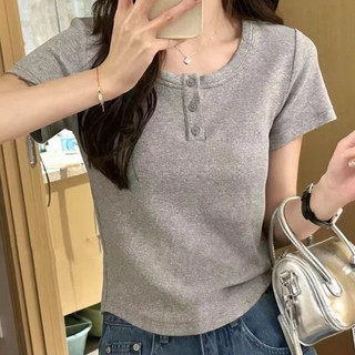 Áo Thun babytee Form ôm Cúc Cài Cổ Tròn tay ngắn nữ