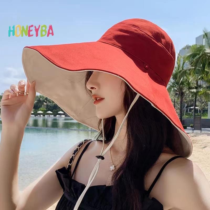 < Honeyba > Mũ chống nắng vành rộng dành cho nữ Chống tia cực tím Đi bộ đường dài Người ngư dân Gấp mùa hè Mũ đi biển chắc chắn Mũ chống nắng hai mặt