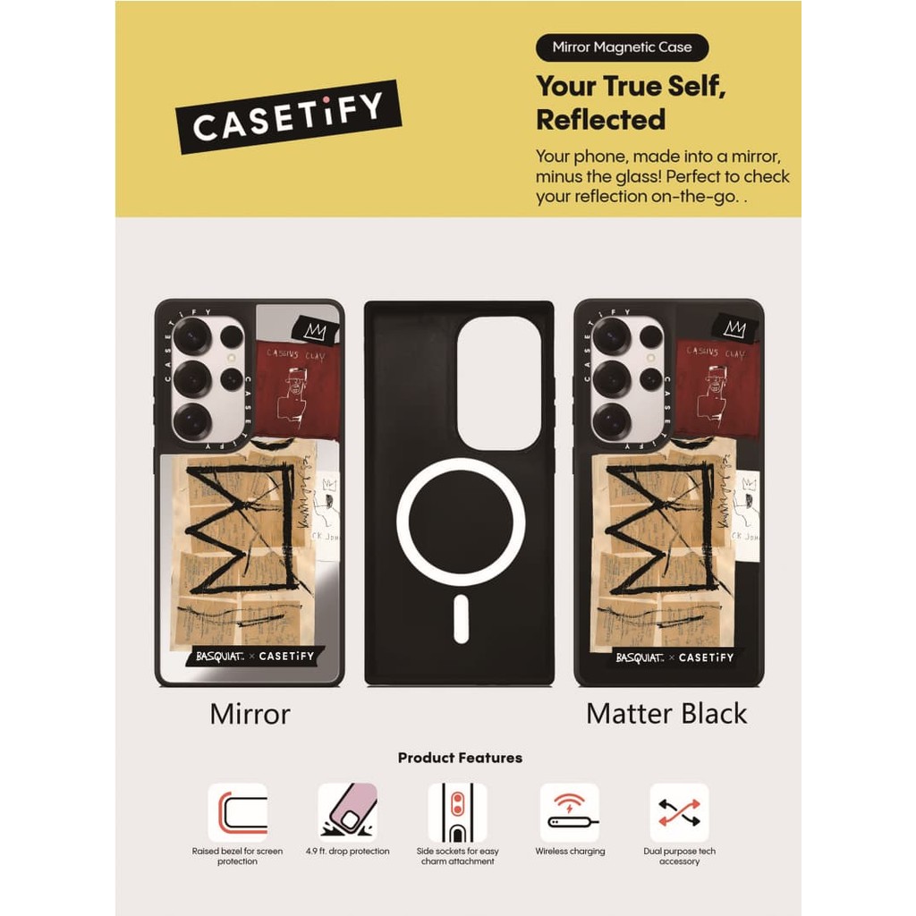 Casetify X Basquiat Crown Sticker Case Matte Black & Sliver Mirror Vỏ hút từ tính Samsung Galaxy S23 S24 S25 Ultra Plus Mặt sau cứng có hộp khắc logo