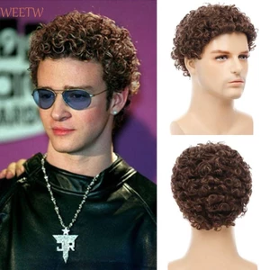 WEETW Tổng Hợp Nam Tóc Giả, 70s 80 Disco Ngắn Afro Xoăn Tóc Giả, Full Head Fancy Halloween Cosplay Nâu Sóng Guy Rocker Tóc Giả Cho Nam