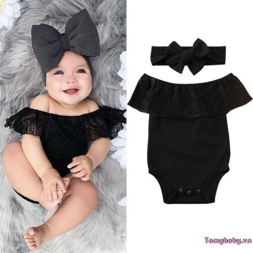 Bộ áo liền quần ren lệch vai cho bé gái + Băng đô nơ