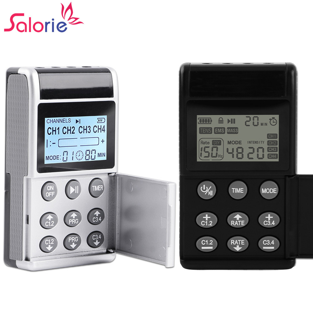 Máy mát xa cơ thể kỹ thuật số Salorie TENS Thiết bị vật lý trị liệu 4 đầu ra Giảm đau EMS Châm cứu Kích thích cơ bắp có thể sạc lại