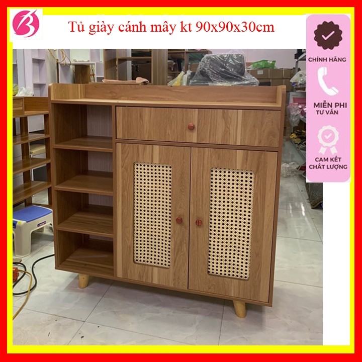 Tủ giày gỗ cánh mây lắp ghép thông minh tiện lợi 3 ngăn kích thước 90x90x30cm gỗ mdf chắc chắn