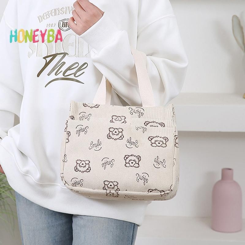 < Honeyba > Túi xách vải nhung in hình hoạt hình dễ thương Túi xách đa năng nhân viên văn phòng Bữa trưa Túi Tote Bento