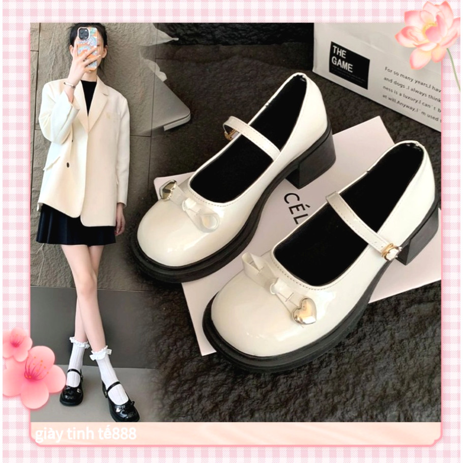 🔥Còn hàng🔥Giày búp bê nữ 5 phân,Giày đốc nơ trái tim da bóng gót 5cm,trắng đen và nâu(cỡ 35-40)