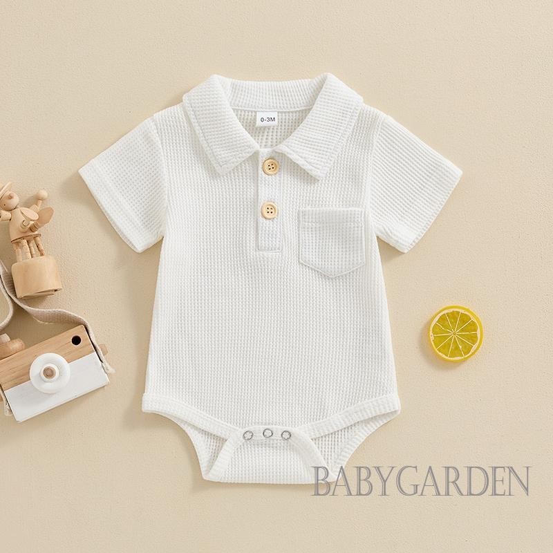 Baga-infant Bé Trai Mùa Hè Áo Liền Quần Sơ Sinh Tay Ngắn Ve Áo Nút Lên Màu Trơn Thường Ngày Body Màu Trơn