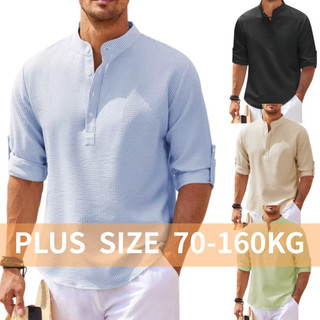 [Plus Size] Áo sơ mi nam cổ đứng có nút mở dài tay Henley Áo thun kẻ sọc dứa Áo phông Oversize