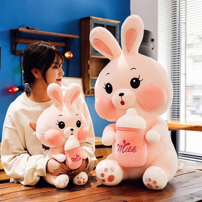 Thỏ Hồng Ôm Bình Sữa ,Thỏ Hồng Đáng Yêu Chất Vải Siêu Mịn và Bông Silic Đàn Hồi  Không Bám bụi Hàng Cao Cấp