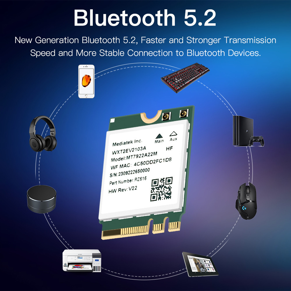 MT7902 WiFi 6E Wireless Network Card, M.2 2400Mbps 2.4GHz 5GHz 6GHz Tri-band WiFi Network Card with Bluetooth 5.2 Network Adapter for 10 11 for Linux