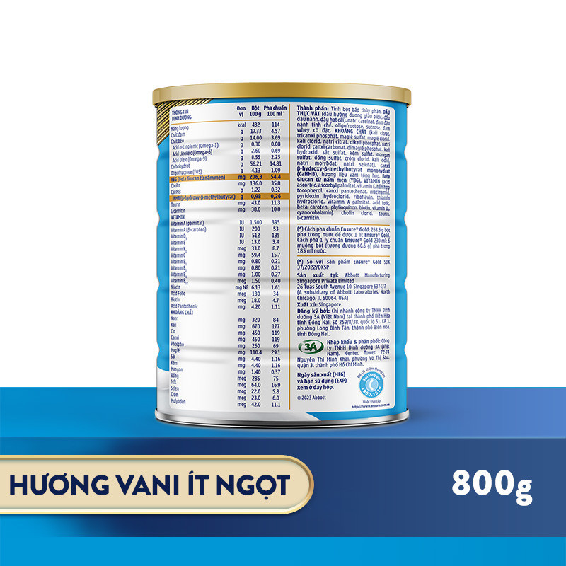 Ảnh Combo 2 Lon Sữa bột Ensure Gold Abbott Hương Vani Ít Ngọt (HMB+YBG) 850g 1