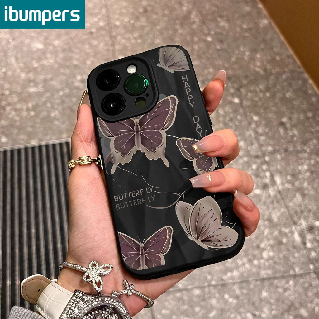 ibumpers Ốp lưng Iphone Hàn Quốc Đen Đơn Giản Bướm In Hình Đen Ốp Điện Thoại Mỏng Silicone Mềm Chống Bẩn Chống Sốc Iphone 11 12 13 14 15 Pro Max IP 7 8 Plus Iphone X XS XR X Max