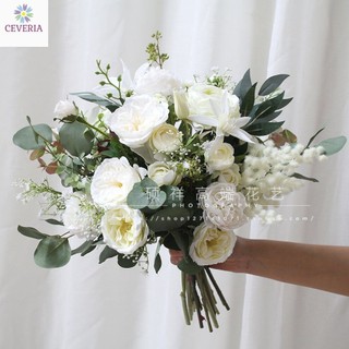 Bó hoa cầm tay cô dâu, hoa đính hôn, chụp ảnh mẫu đơn và kèm mimosa trắng CEVERIA