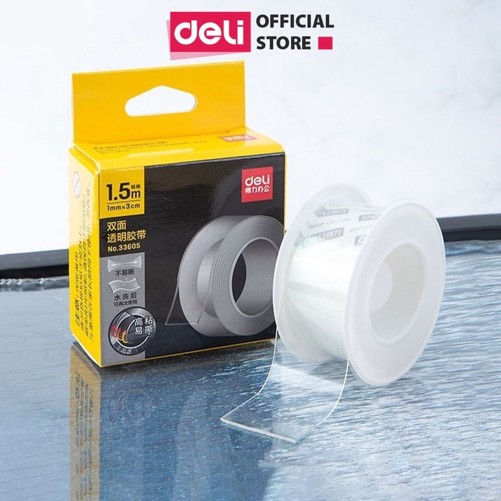 Băng keo băng dính hai mặt trong suốt siêu dính chống nước Deli Băng keo nano dán tường dính mọi bề mặt nhiều kích cỡ