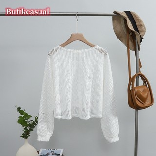 Phụ Nữ Rỗng Che Áo Sơ Mi Cổ Tròn Dài Tay Áo Summe Thời Trang Size Lớn Áo Sơ Mi Đan Ngắn