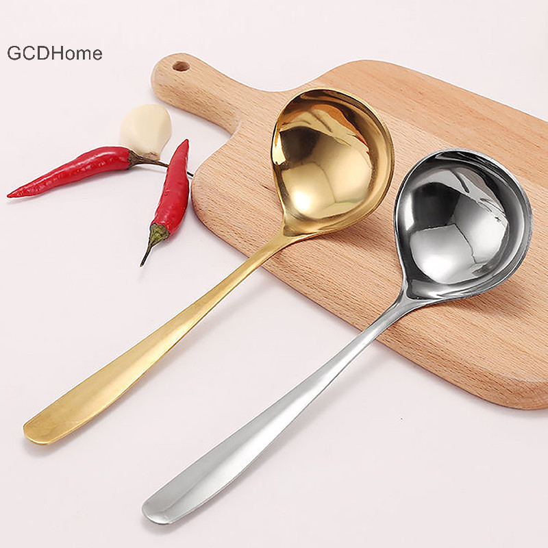 Gcdhome Thép không gỉ Lớn Lưới Tròn Thìa Đỏ Vàng Bữa Tối Tay Cầm Dài Khuấy Mảnh Món Tráng Miệng Thìa Cho Phụ Kiện Nhà Bếp Tiện Ích HOT