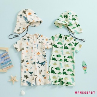 Mg-toddler Đồ Bơi Bé Trai Chống Nắng Tay Ngắn Cổ Tròn In Hình Động Vật Dây Kéo Đồ Bơi Có Mũ