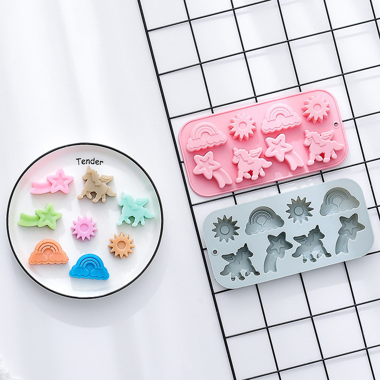 8 Khoang Hoạt Hình Kỳ Lân Cầu Vồng Sao Băng Hình Mặt Trời Khuôn Silicon Bánh Mousse Món Tráng Miệng Khuôn Socola Thơm Thạch Cao Xà Phòng Handmade Khuôn DIY Dụng Cụ Nướng Bánh & -- &