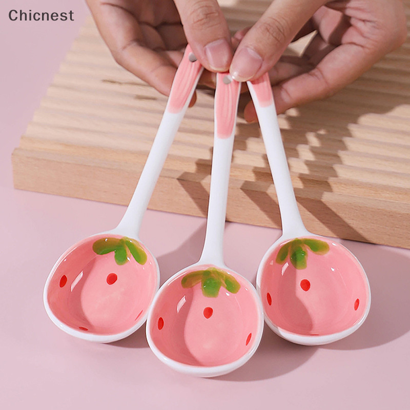 [Chicnest] 1 Muỗng Súp Gốm Dâu Dễ Thương Kem Món Tráng Miệng Tay Cầm Dài Thìa Boutique