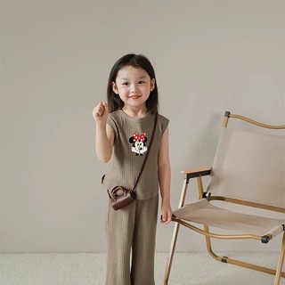 (1-10Y) Trẻ Em Bé Gái Băng Lụa Phù Hợp Với Bé Gái Mùa Hè Màu Trơn Rời Áo Vest Không Tay Top Quần Bộ Hai Mảnh