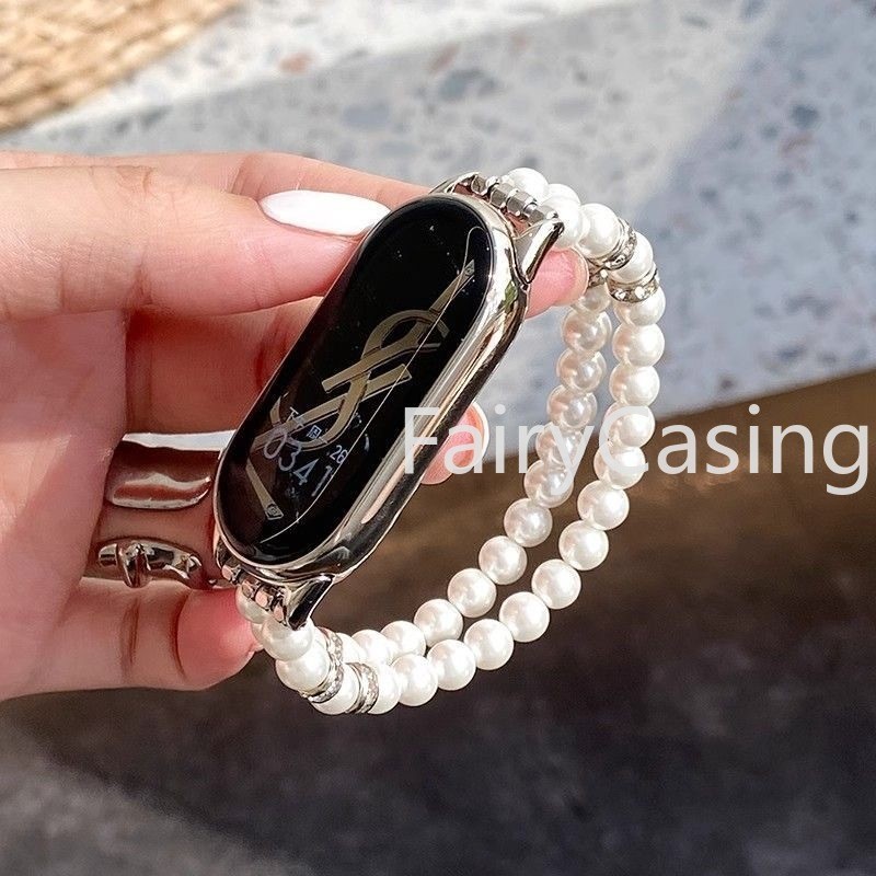 Dây đeo trang sức Thích hợp cho Xiaomi Mi Band 10 9 8 Vòng đeo tay đính cườm ngọc trai cho dây đeo cổ tay nữ đàn hồi MiBand 8