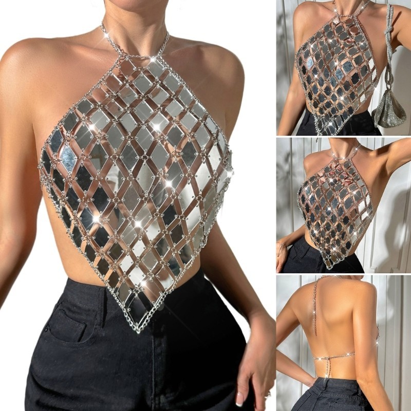Hsv Nữ Kim Cương Kim Sa Lấp Lánh Dây Crop Top Backless Body Chain Camisole