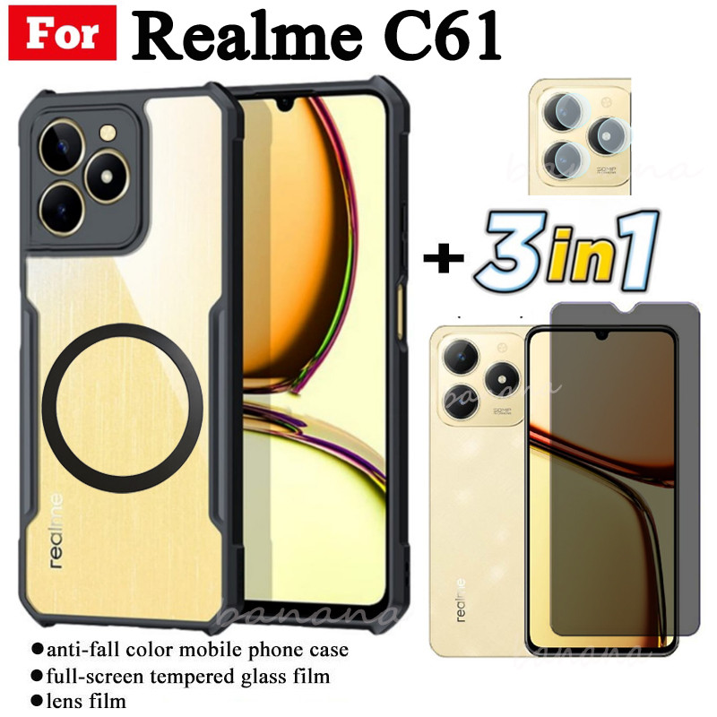 Ốp điện thoại chống sốc 3 trong 1 Realme C61 có nhãn dán sạc không dây từ tính cho Realme C75 C63 Note 60 60X Kính cường lực bảo vệ toàn diện + Phim ống kính