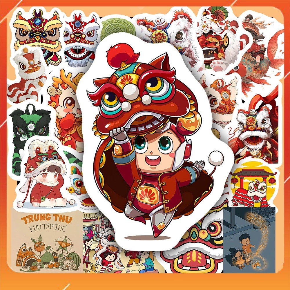 Hộp 25 Miếng Dán Sticker HÌNH TẾT TRUNG THU - Chống Thấm Nước Trang Trí laptop, vali - NSX Gì Cũng In