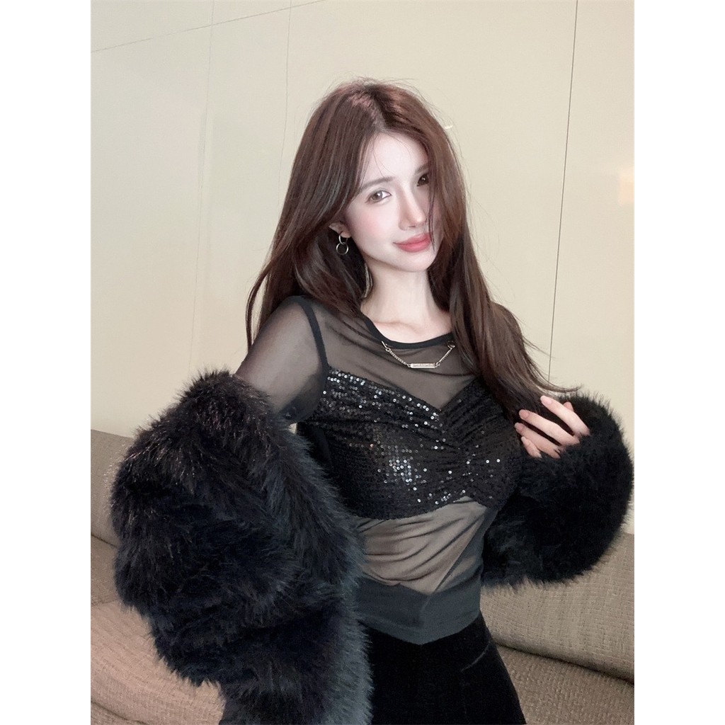 [JULI] Áo sơ mi nữ thêu lưới xuyên thấu mùa xuân mùa hè thuần khiết khao khát rỗng Hot Girl lấp lánh Top Quần áo nữ hàng đầu