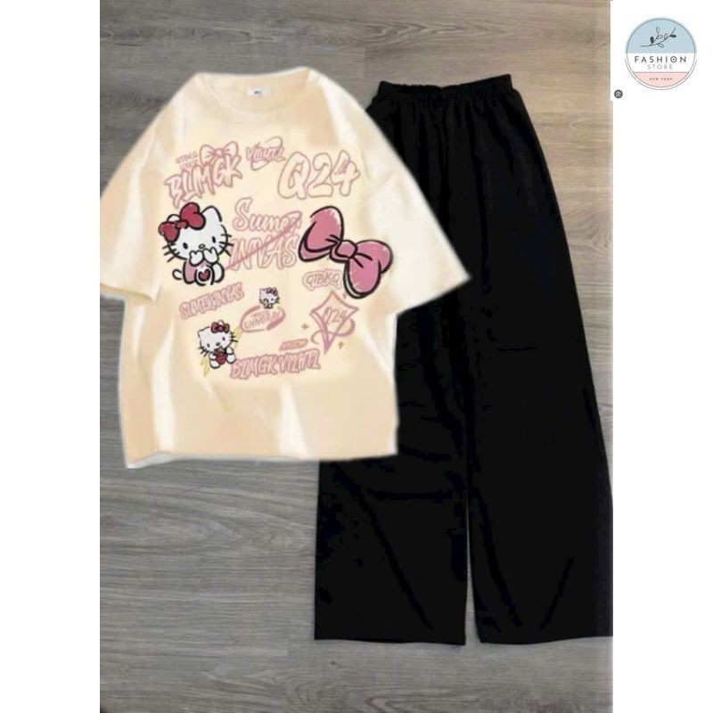 Tổng Hợp Các Sét Quần Ống Rộng + Mix Áo Phông Hình Mèo HÊ LÔ KÍT TI form rộng - Hình Mèo Màu BE-Quần áo 94