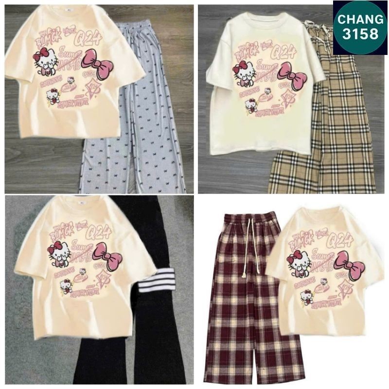 Tổng Hợp Các Sét Quần Ống Rộng + Mix Áo Phông Hình Mèo HÊ LÔ KÍT TI form rộng - Hình Mèo Màu BE-CHANG 3158