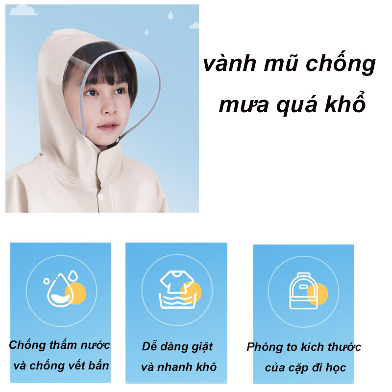Áo mưa cho bé，Áo mưa trẻ em 4-13 tuổi cao cấp có tấm chắn, kiểu rộng đeo được ba lô