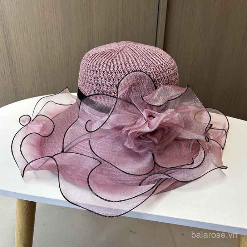 Mũ xô hoa organza vành lớn mùa hè cho phụ nữ thanh lịch che nắng bảo vệ da thời trang du lịch mũ bãi biển