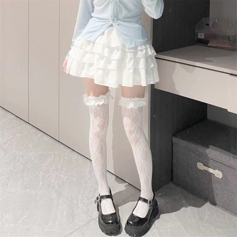 Woke Fishnet Đùi Cao Tất Cho Nữ Ruffle Viền Hoa Ren Trên Đầu Gối Tất