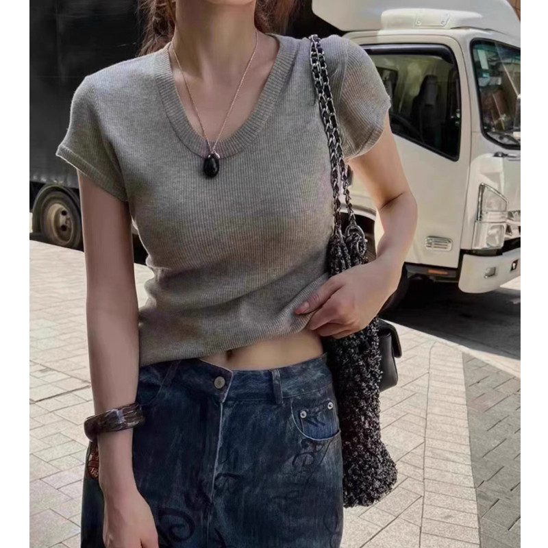Suxinew Mùa Hè Phong Cách Tối Giản Màu Trơn Cổ Ôm Phù Hợp Với Đa Năng Ngắn Tay Dệt Kim Áo Len Nữ Top 240419