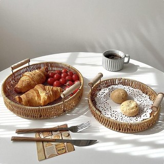 MEGOCE 1 Cái Giỏ Mây Dệt Tay, Khay Đựng Thực Phẩm Bánh Mì Ăn Sáng Hình Tròn, Đĩa Thực Phẩm Bền Có Tay Cầm Trái Cây Rau Bánh Xẻ Bánh Nhựa Mây Chỉ Giỏ