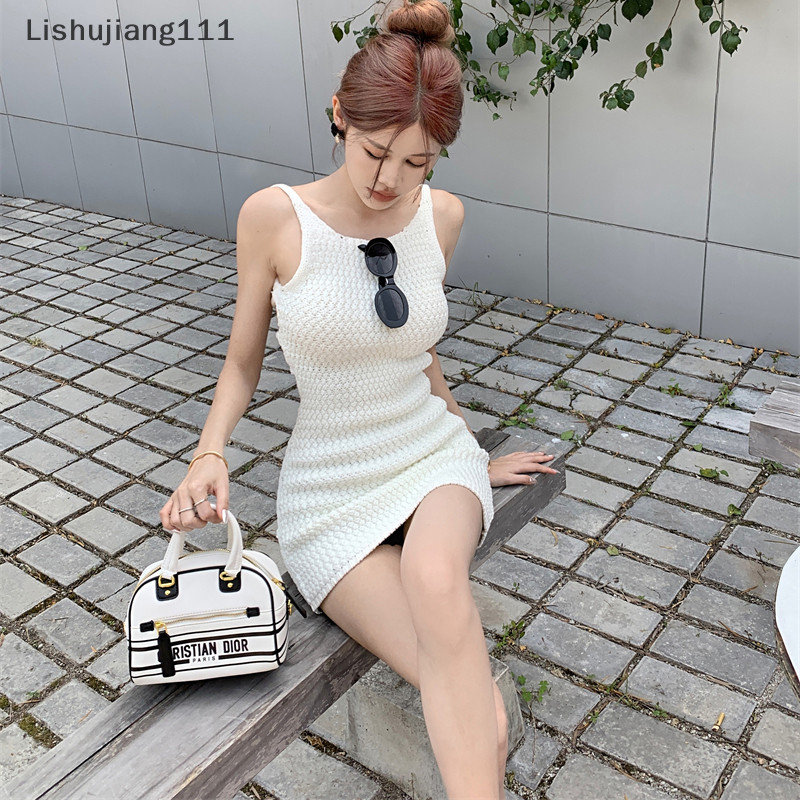 Li Backless Váy Nữ Dệt Kim Phong Cách Hàn Quốc Hotsweet Sang Trọng Vỏ Mini Đầm SHU