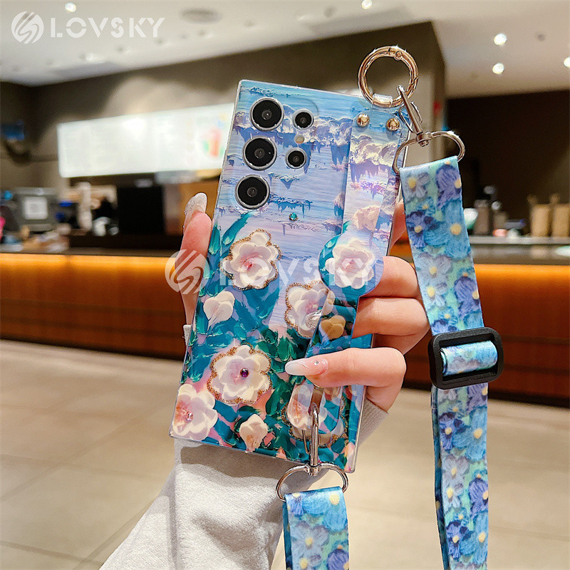 Ốp Lưng Dành Cho Samsung Galaxy S24 S23 UItra S22 S21 Plus S23 S20 S21 FE Tranh Sơn Dầu Kim Cương Hoa Giá Đỡ Điện Thoại Có Dây Đeo Ngang Lấp Lánh Bao