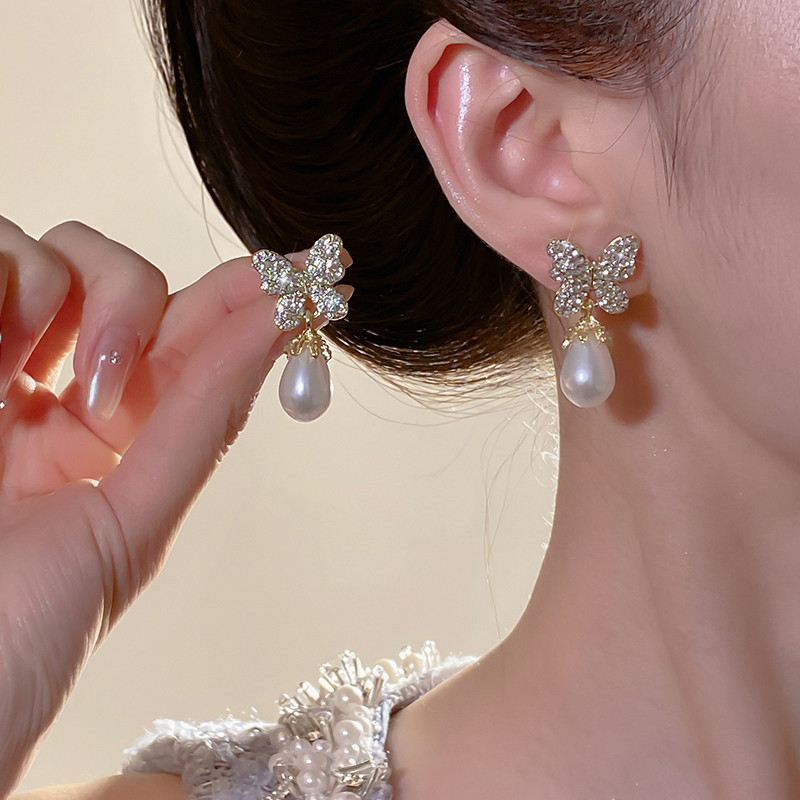 Bông tai ngọc trai cao cấp Tính khí mùa hè Bông tai nữ cổ điển kiểu Pháp