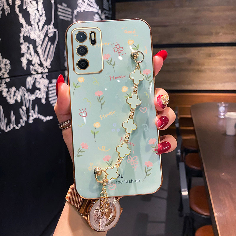 Ốp Điện Thoại Hoa Toàn Màn Hình Mạ Điện YBD Cho OPPO Reno 12 Pro Reno 12F Realme C65 4G A3 Pro (Ấn Độ) Với Vòng Tay Cỏ Bốn Lá