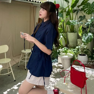 Áo sơ mi đũi buộc nơ eo cổ bẻ cúc cài nữ tiểu thư xinh xắn hàng loại 1
