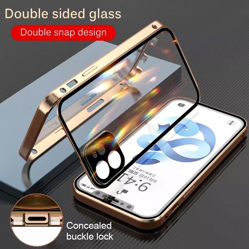 Ốp Kim Loại Hấp Phụ Từ Tính 360 Cho iPhone 12 13 Pro Max 13 Mini i13 i12 iPhone13 iPhone12 Vỏ Điện Thoại Kính Hai Mặt Bảo Vệ Toàn Diện Ốp Lưng Cứng