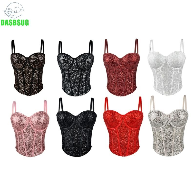 Dasbsug Lấp Lánh Kim Sa Lấp Lánh Sheer Lưới Corset Spaghetti Dây Đeo Bustier Áo Cho Nữ