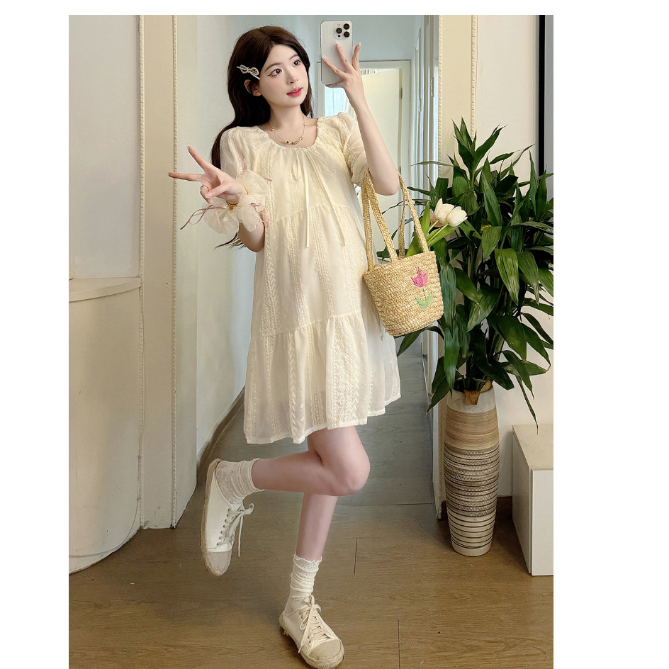 Váy bà bầu thời trang mùa hè Phong cách mới thêu ren cho bà bầu