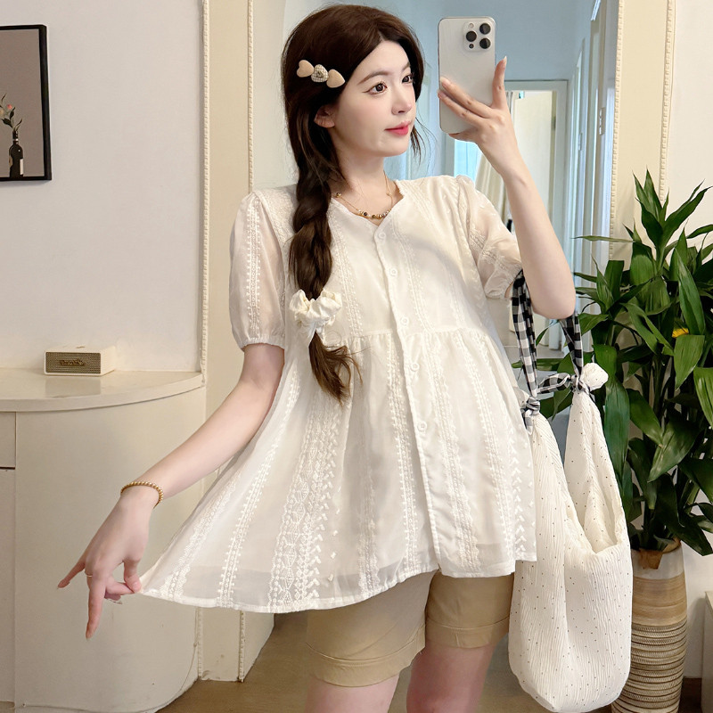 Bộ đồ bà bầu Áo sơ mi ren cổ chữ V ngắn tay mùa hè + Quần Short nâng bụng eo cao Bộ đồ hai mảnh